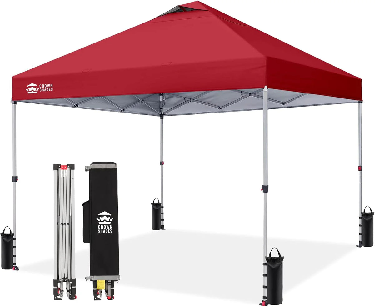 Crown Shades 10x10 Pop Up Canopy - Beach Tent with One Push Setup - Outdoor Sun Shade for Events, Parties, Camping - Gazebo with STO-N-Go Cover Bag, Silver Coated Top, 3 Height& 4 Sand Bags, Yellow