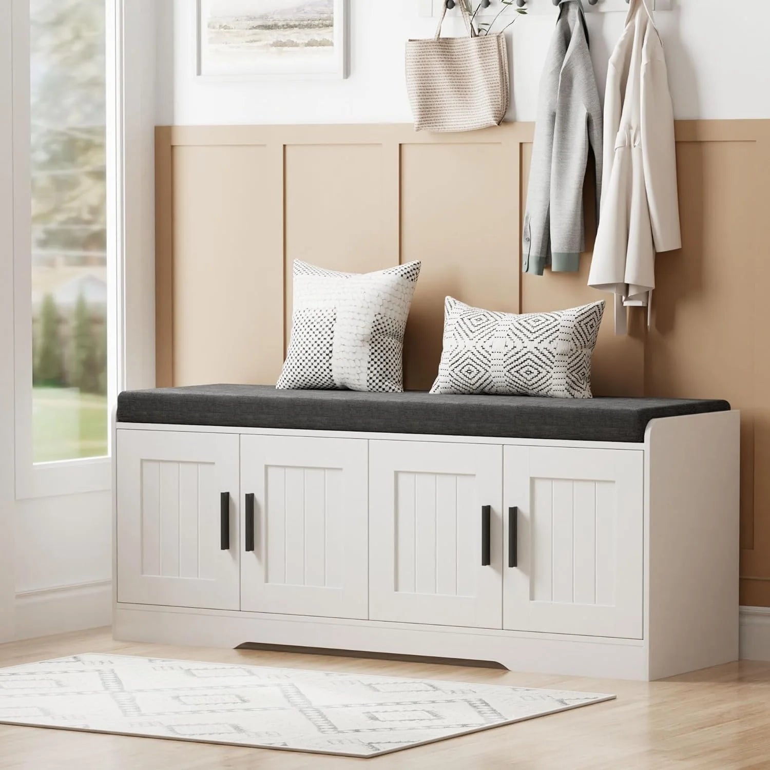 2-Tier Storage Bench, Shoe Bench with Thickened Padded Seat Cushion, Entryway Bench with 4 Doors, Adjustable Shelf, 13.8 D x 45.3 W x 18.5 H, for Entryway, Living Room, Bedroom, White