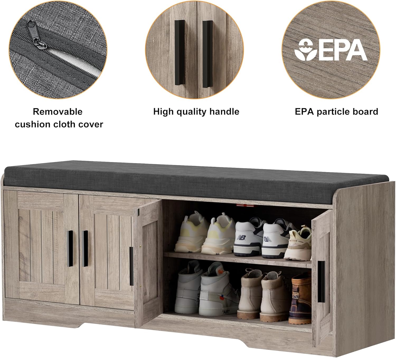 2-Tier Storage Bench, Shoe Bench with Thickened Padded Seat Cushion, Entryway Bench with 4 Doors, Adjustable Shelf, 13.8 D x 45.3 W x 18.5 H, for Entryway, Living Room, Bedroom, White