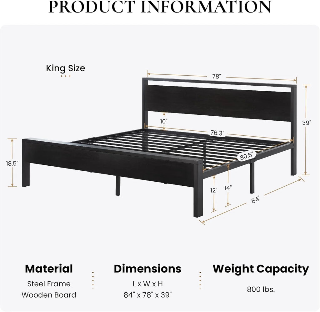 SHA CERLIN 14 Inch Full Size Metal Platform Bed Frame with Wooden Headboard and Footboard