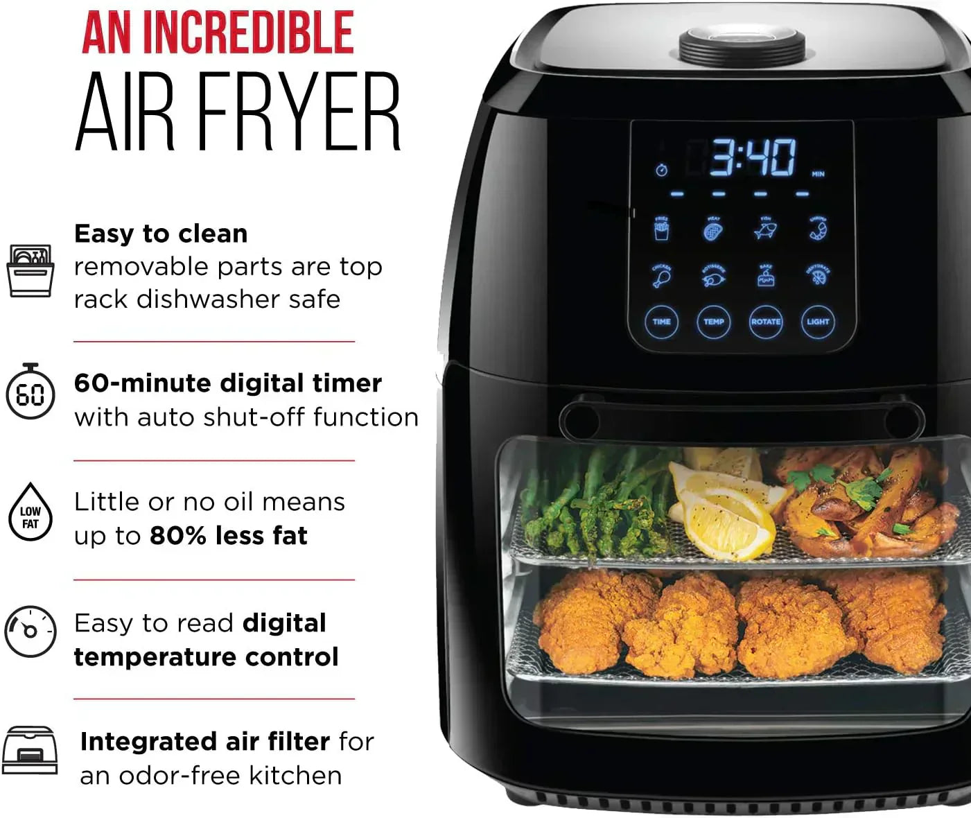 Chefman Compact 6.3-Quart Digital Air Fryer with Rotisserie Dehydrator and Convection Oven