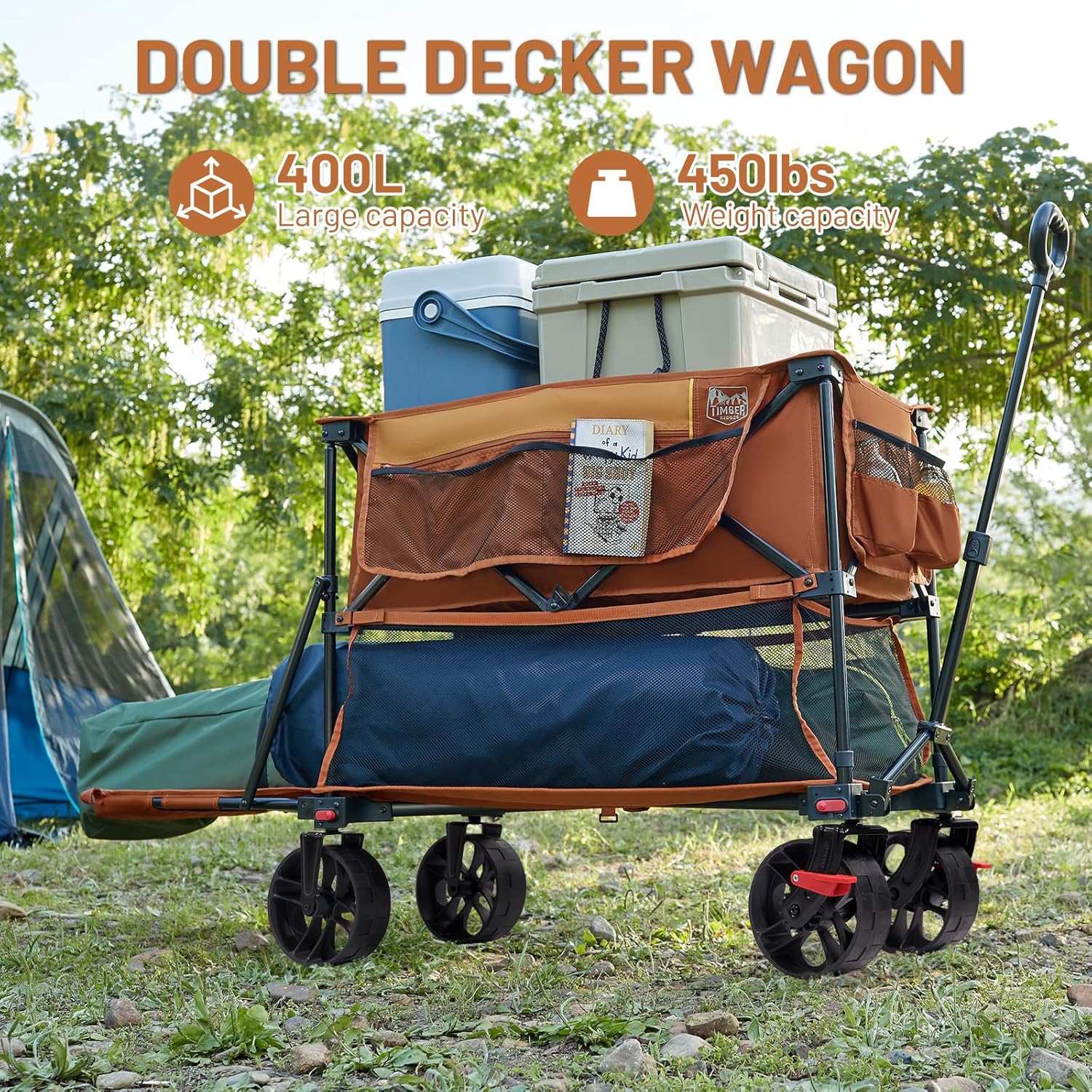400L Large Capacity Folding Double Decker Cart with Brakes 54 Inch Extra Long Extended Cart