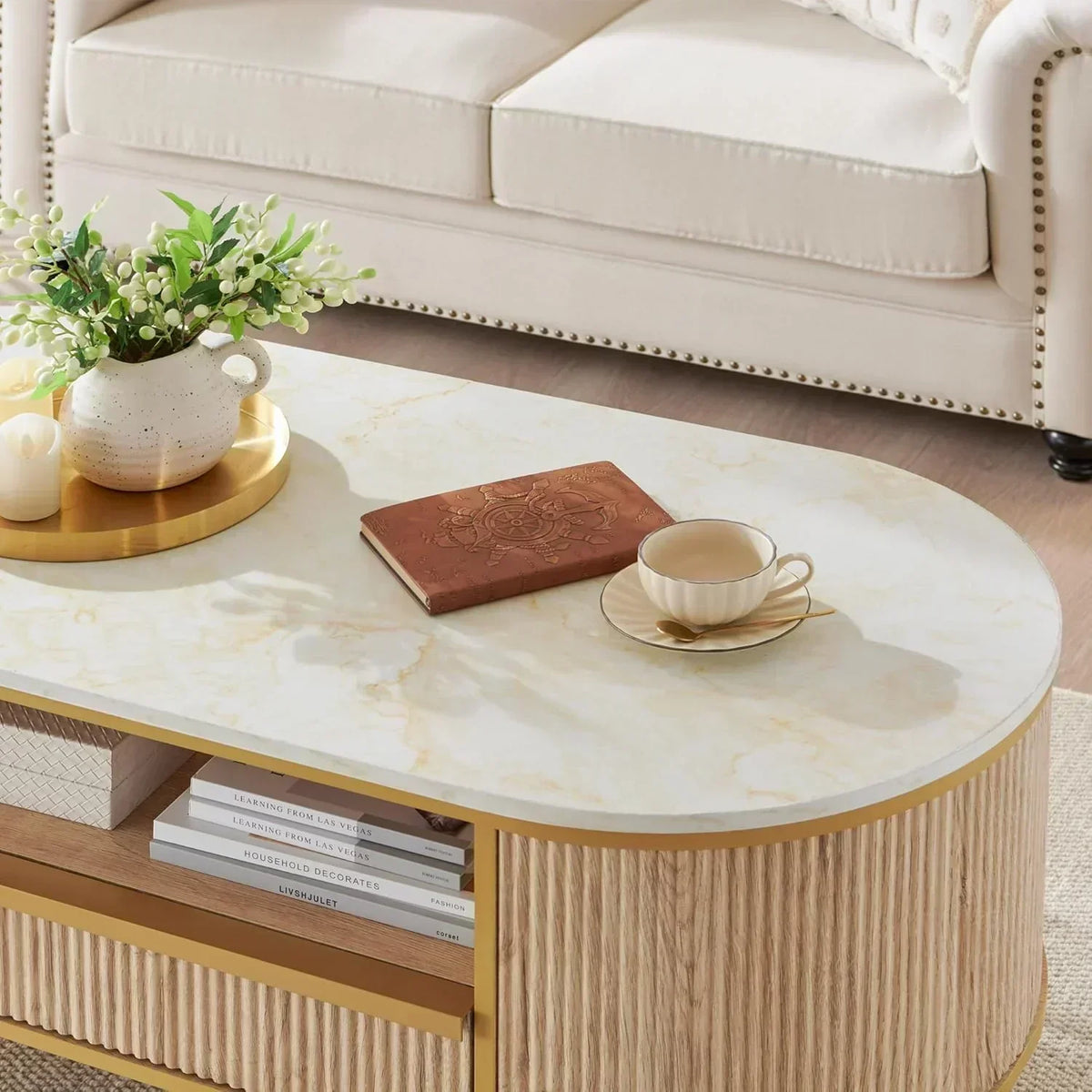 OKD Modern Luxury Grooved Coffee Table 48 Inch Oval Coffee Table Drawers Imitation Marble Top