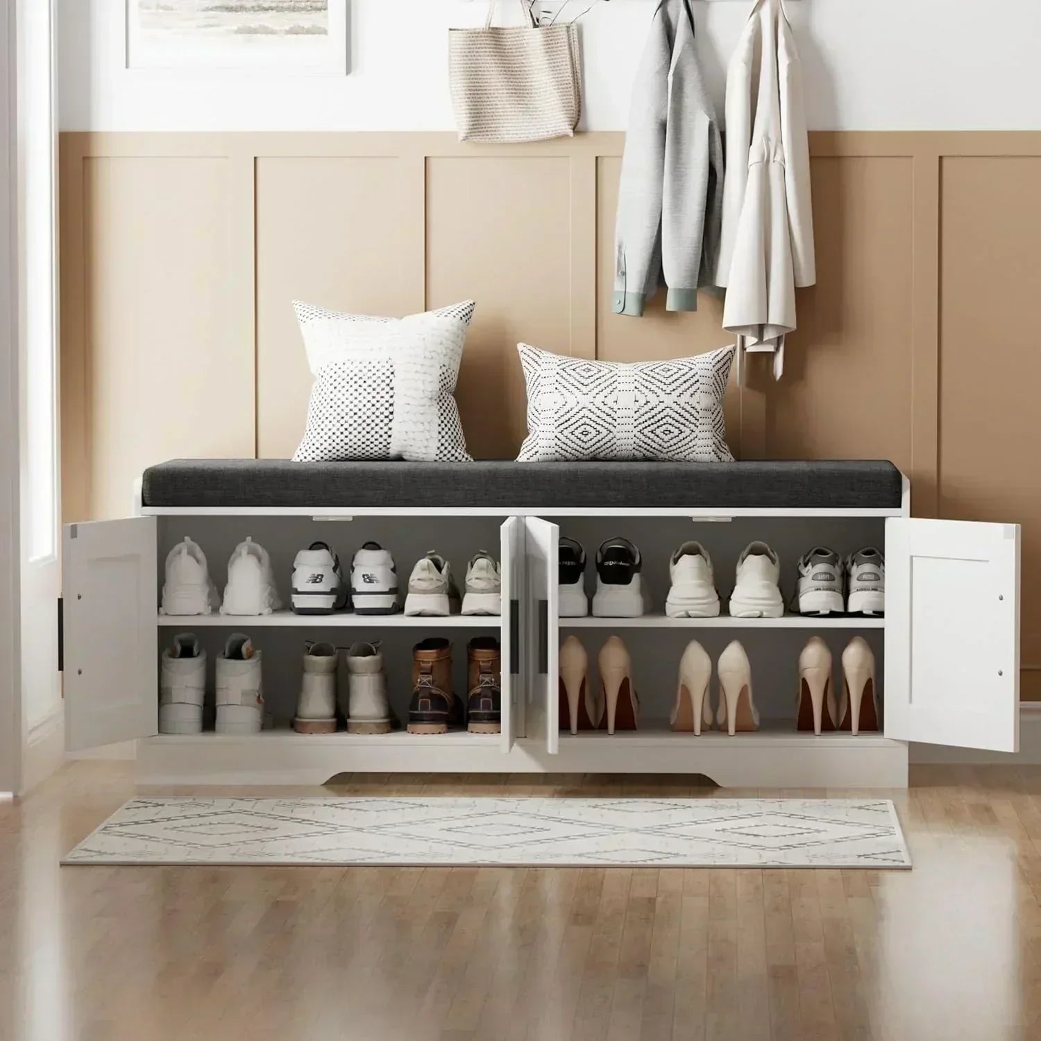 2-Tier Storage Bench Shoe Bench with Thickened Padded Seat Cushion Entryway Bench