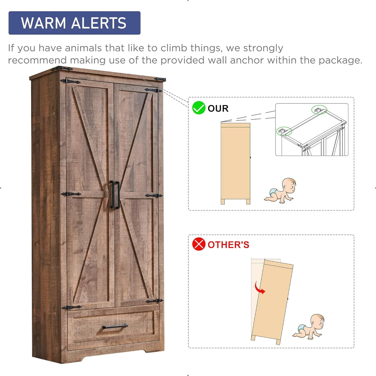 JXQTLINGMU Farmhouse Kitchen Pantry - 72 Tall Wood Kitchen Storage Cabinet with Adjustable Shelves and 2 Barn-Style Doors and Drawers