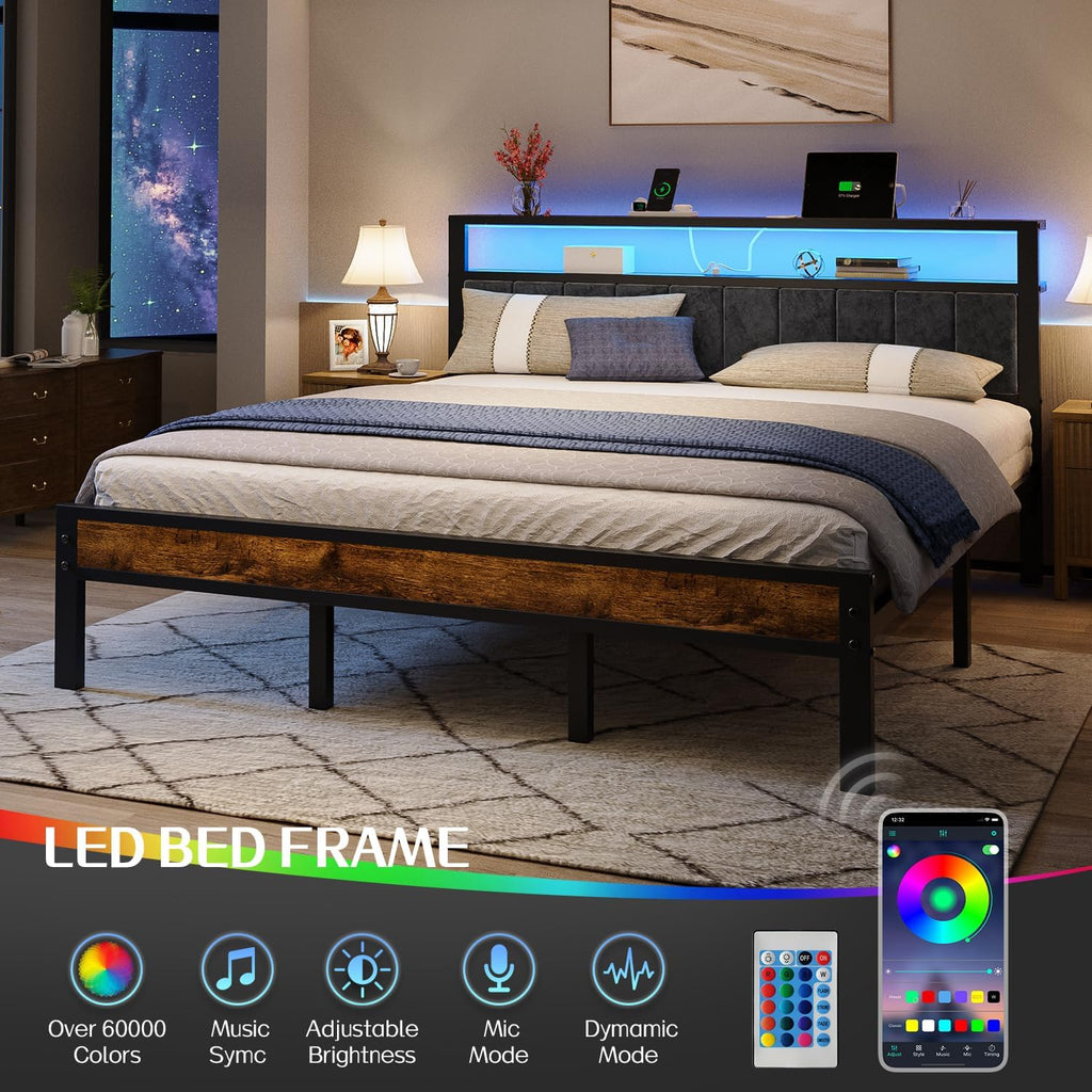 Queen Size Bed Frame with 2-Tier Storage Shelves Headboard Platform Bed Charging Station