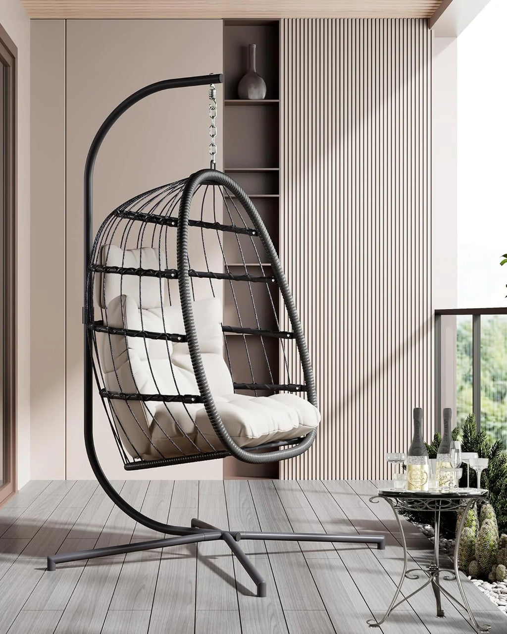 HWB Hanging Egg Chair Patio Wicker Hammock Egg Swing Chair with Cushion for Bedroom