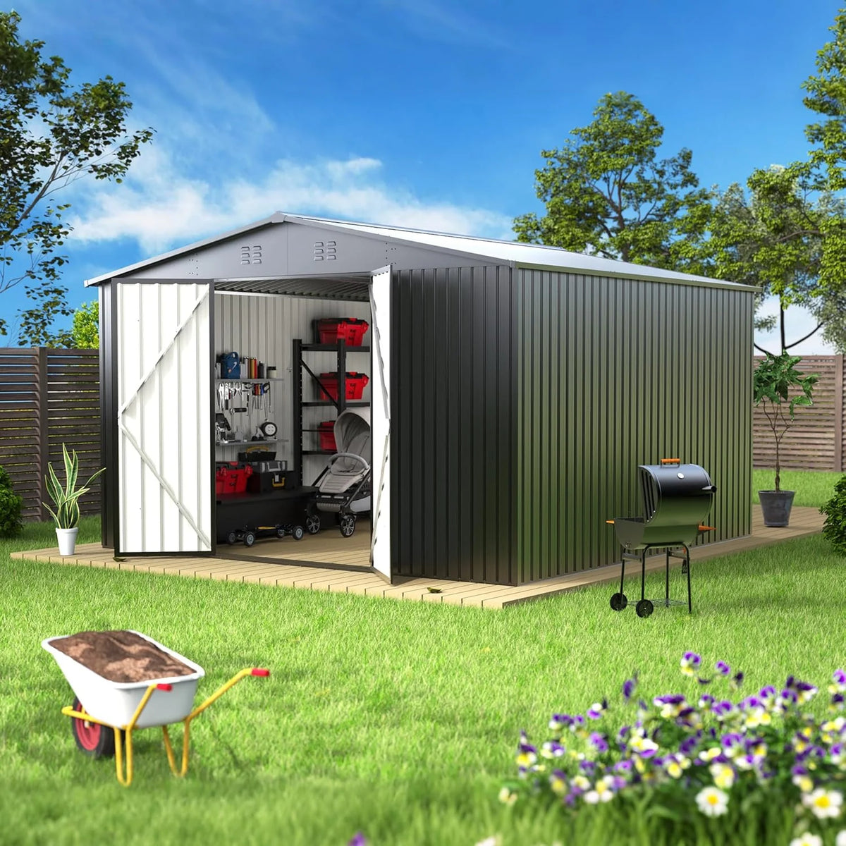 EASYHAWK 14 x 12FT Outdoor Storage Shed Metal Waterproof Storage Shed Steel Utility Garden