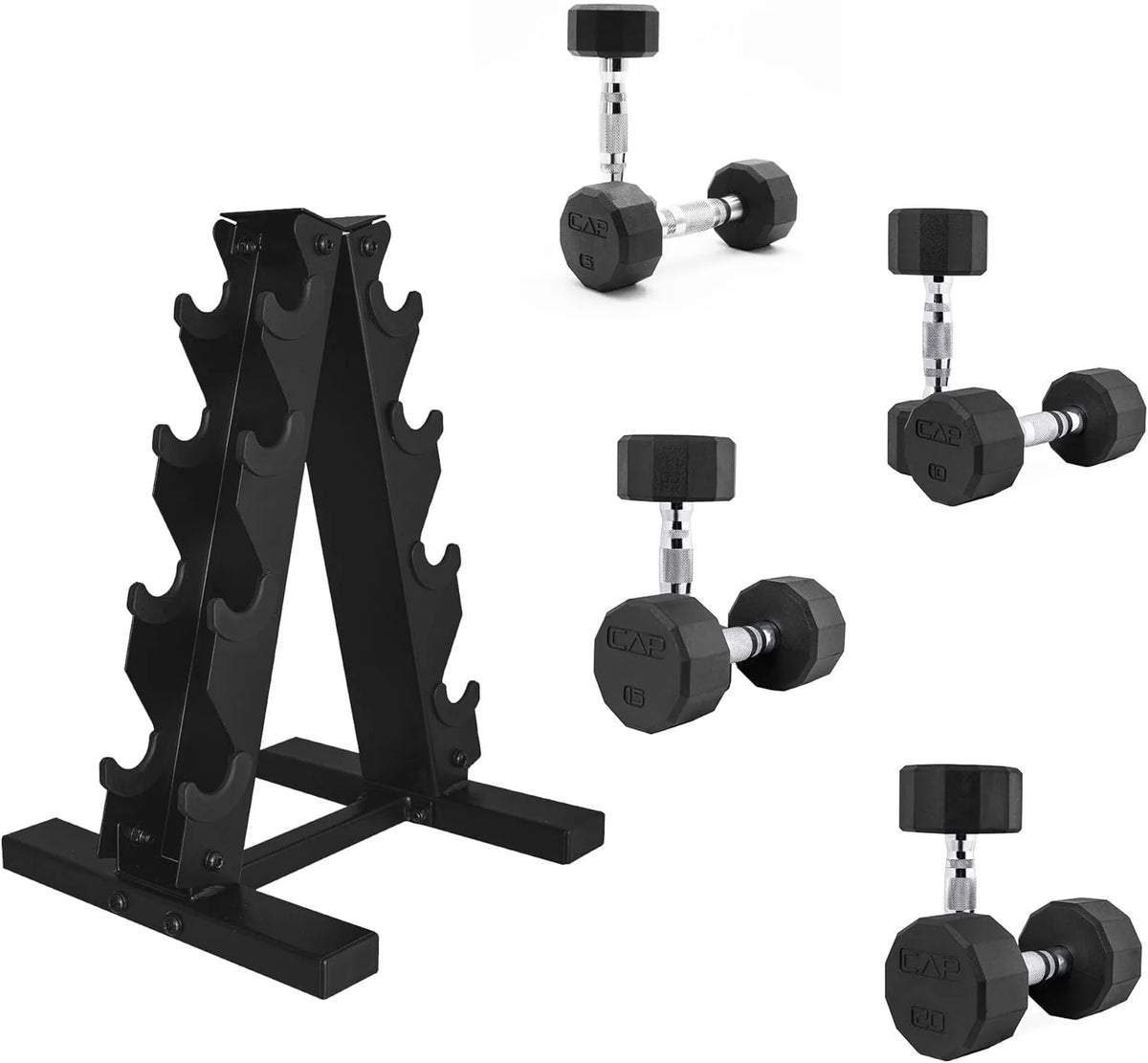 CAP Barbell Rubber Coated Dumbbell Weight Set with Vertical Rack | 100 lb, 150 lb, and 210 lb