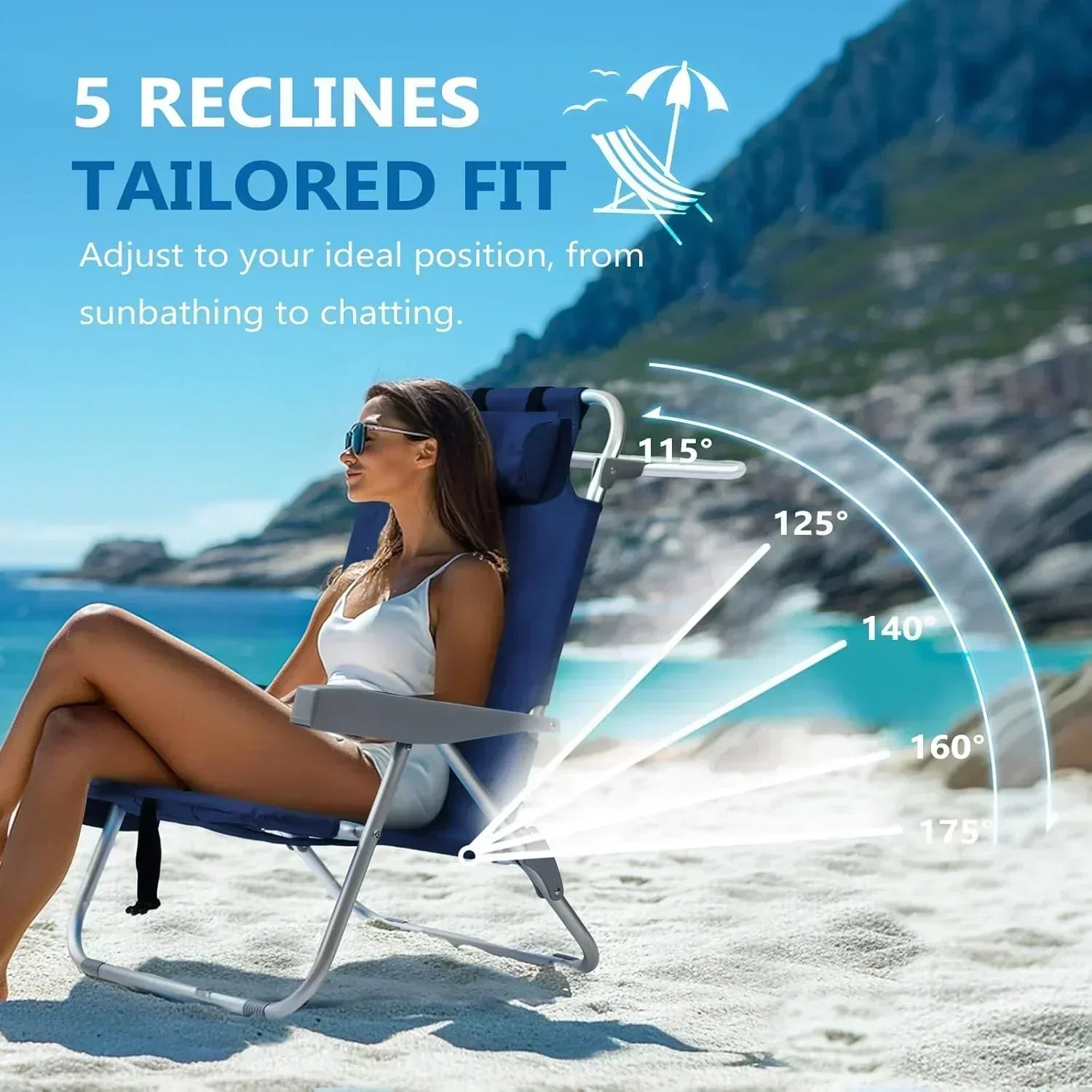 5-Position Aluminum Lay Flat Tall Backpack Beach Chairs 2 Pack Compact Portable Beach Chairs