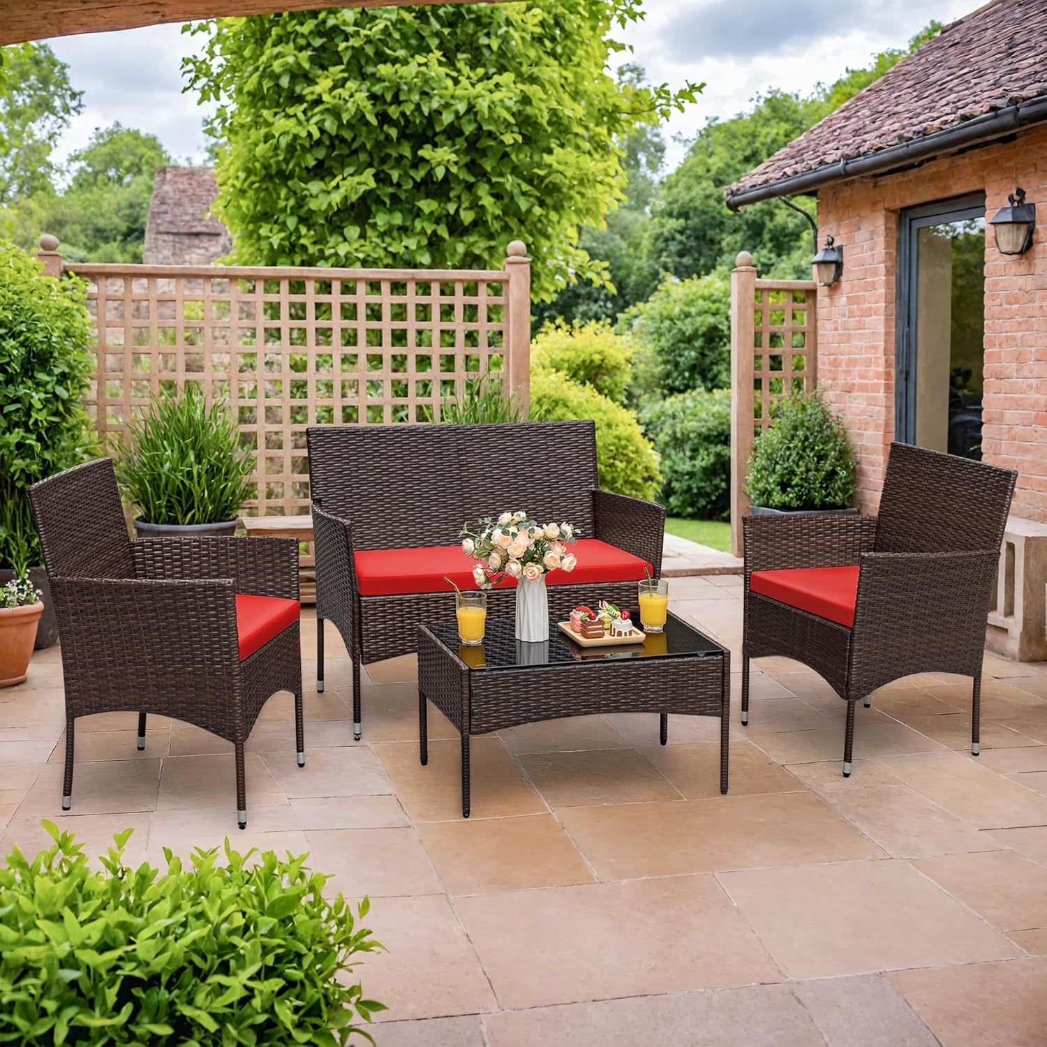 Homall 4 Pieces Outdoor Patio Furniture Sets Rattan Chair Wicker Set, Outdoor Indoor Use Backyard Porch Garden Poolside Balcony Furniture Sets Clearance (Brown and Beige)