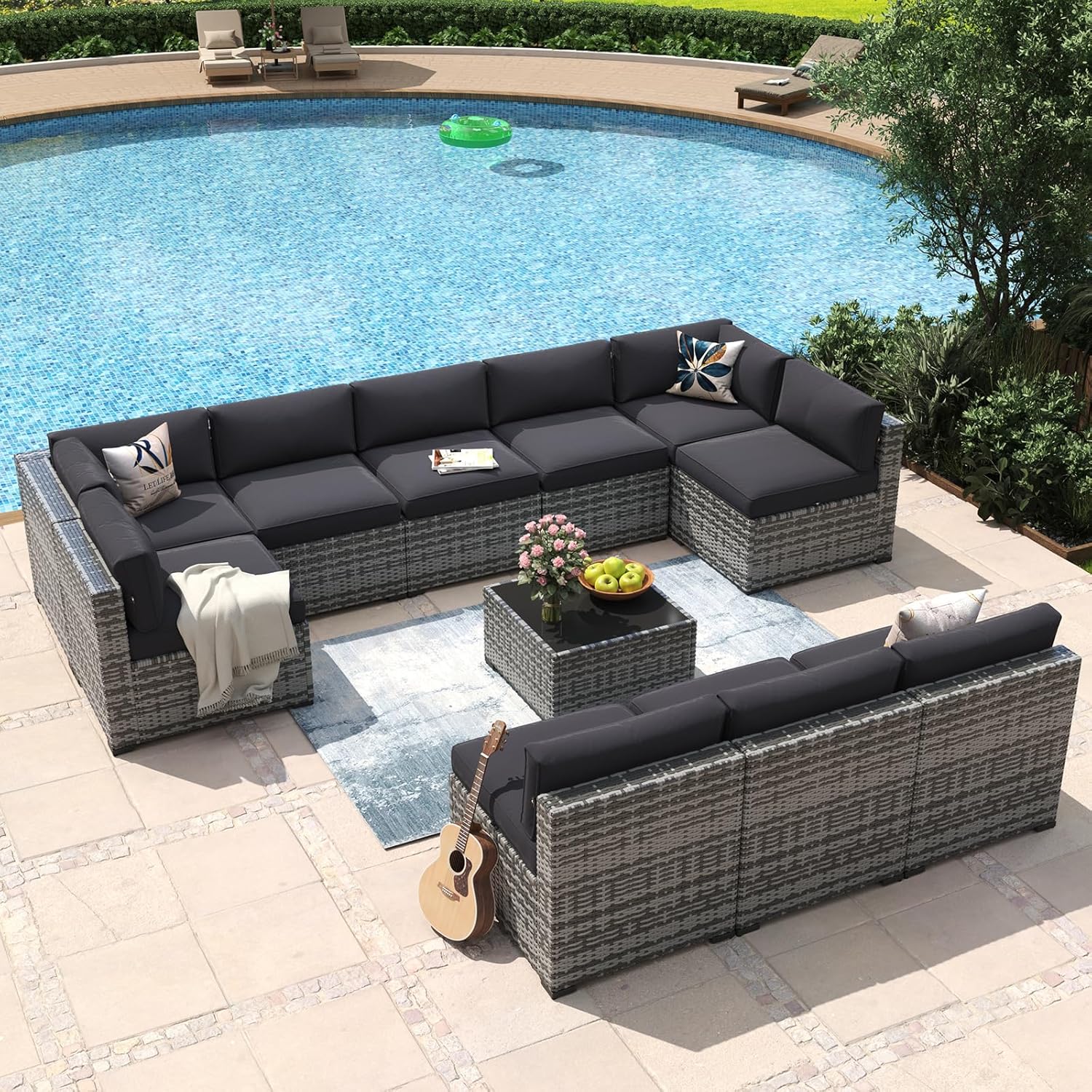 Aoxun 8 Piece Patio Furniture Set with 44?Fire Pit Table Wicker Rattan Outdoor Sectional Sofa Set with Coffee Table and Thickened Cushions, Beige (Waterproof Cover Included)
