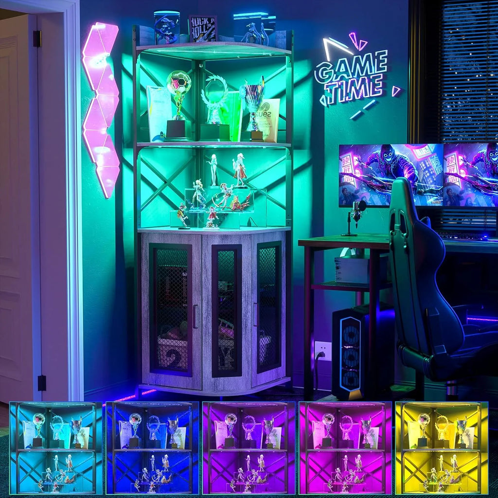 Aheaplus Corner Bar Cabinet with Power Outlet, Industrial Wine Cabinet with LED Strip and Glass Holder, 5-Tiers Liquor Cabinet Bar Unit for Home, Corner Display Cabinet for Small Space, White Oak