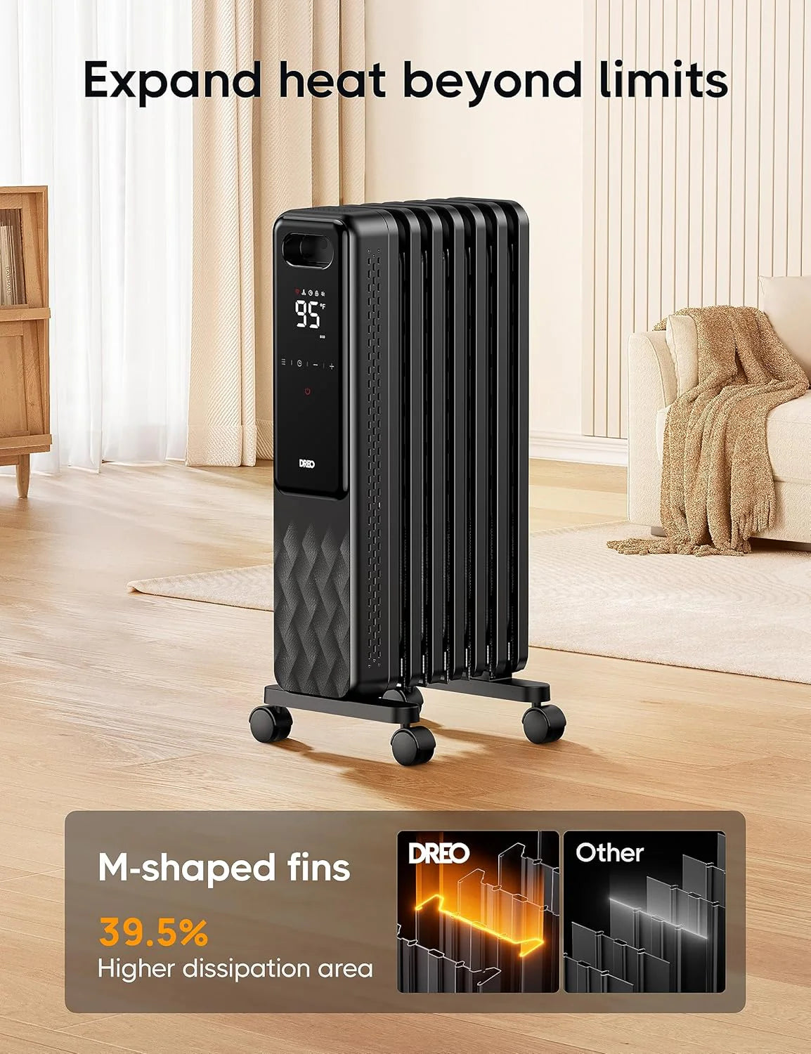 Dreo Oil Filled Radiator, Electric Radiant Heaters for indoor use Large Room with Remote Control, Child Lock, 4 Modes, Overheat & Tip-Over Protection, 24h Timer, Digital Thermostat, Quiet, 1500W