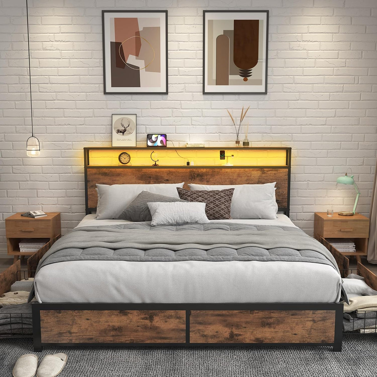 Lifezone Queen Bed Frame 2-Tier Storage Headboard Metal Platform Bed Frame 4 Storage Drawers