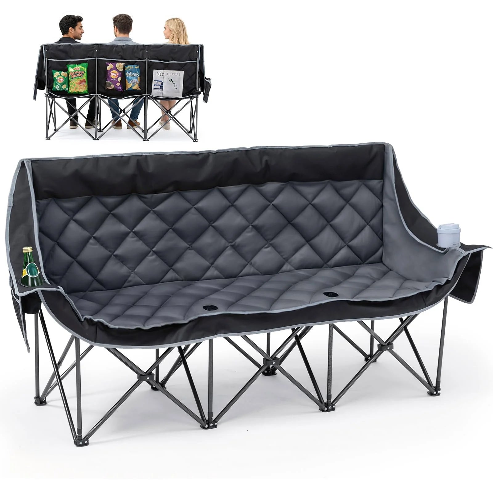 Oversized 3 Person Camping Chair Folding Padded Loveseat with Cup Holders and Carry Bag