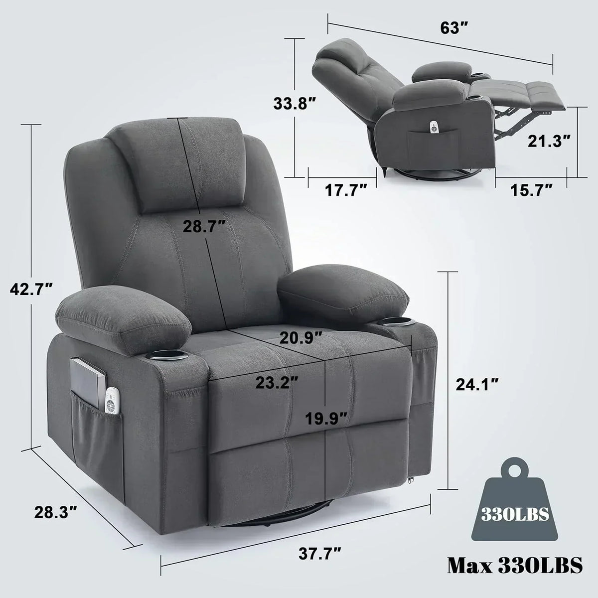 Large Swivel Rocking Recliner with Massage Function 360 Degree Swivel Rocking Single Sofa