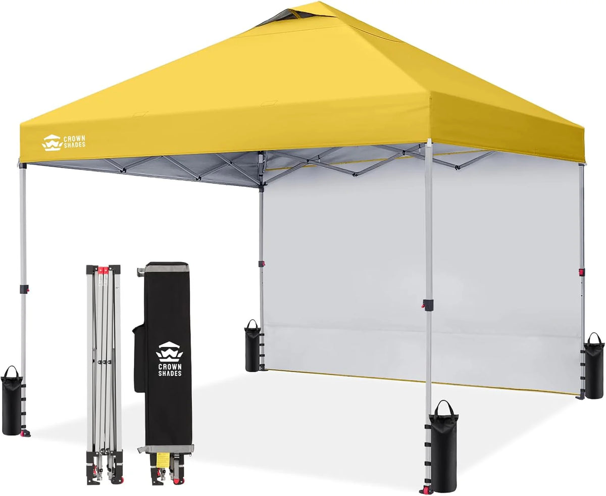 CROWN SHADES 10x10 Pop Up Canopy with 1 Side Wall - Beach Tent with One Push Setup - Outdoor Sun Shade for Events, Parties, Camping - Gazebo with STO-N-Go Cover Bag (White)