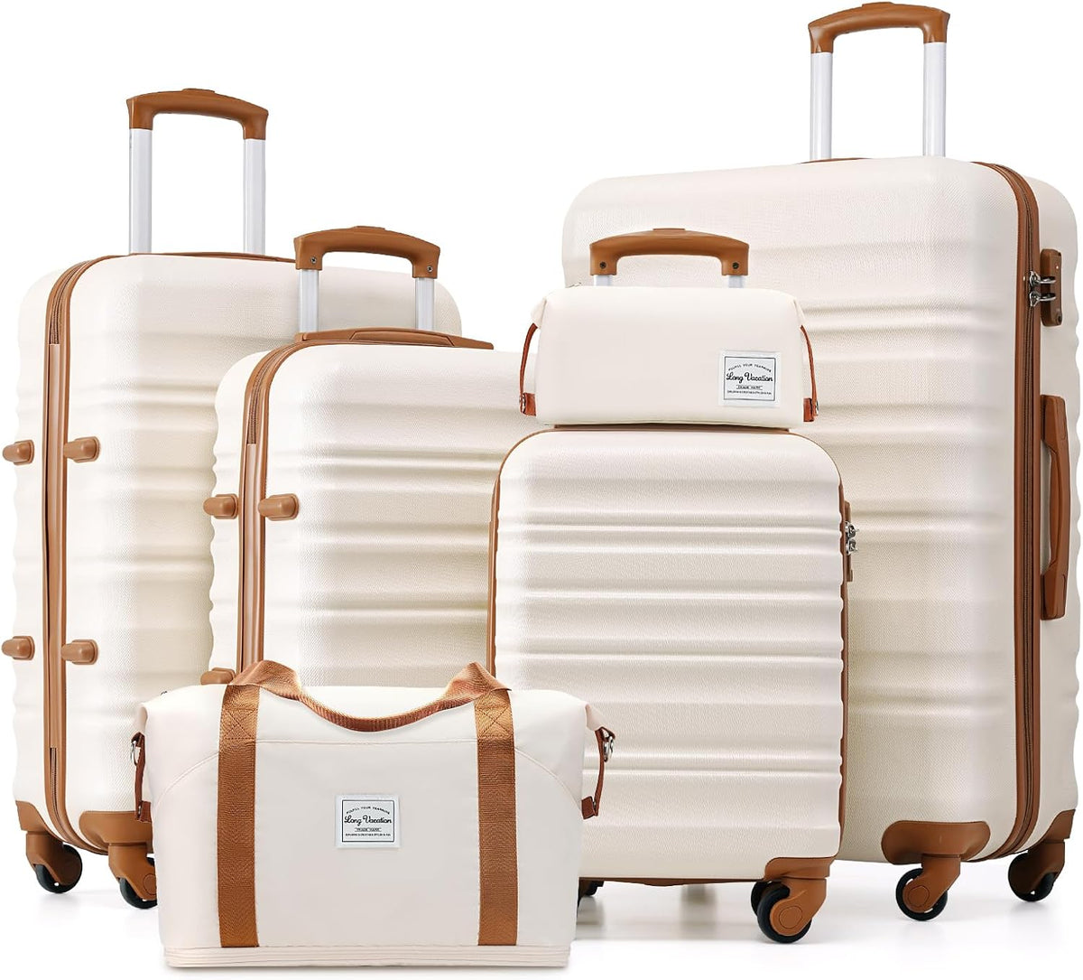 LONG VACATION 6 Piece Luggage Set Carry on Suitcase with ABS+PC hardshell Spinner Wheels