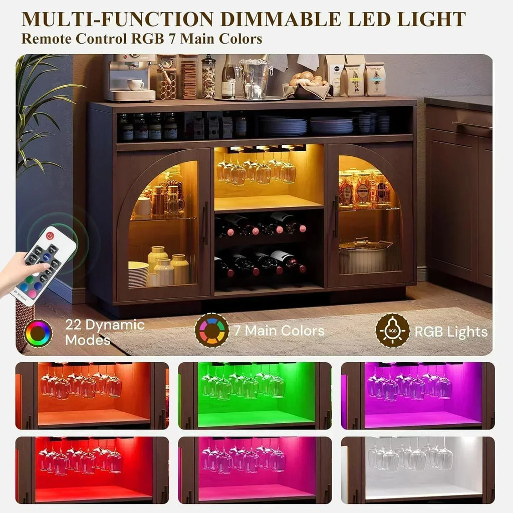 Sideboard 54-inch kitchen cabinet with LED lights and arched glass doors tall bar cabinet
