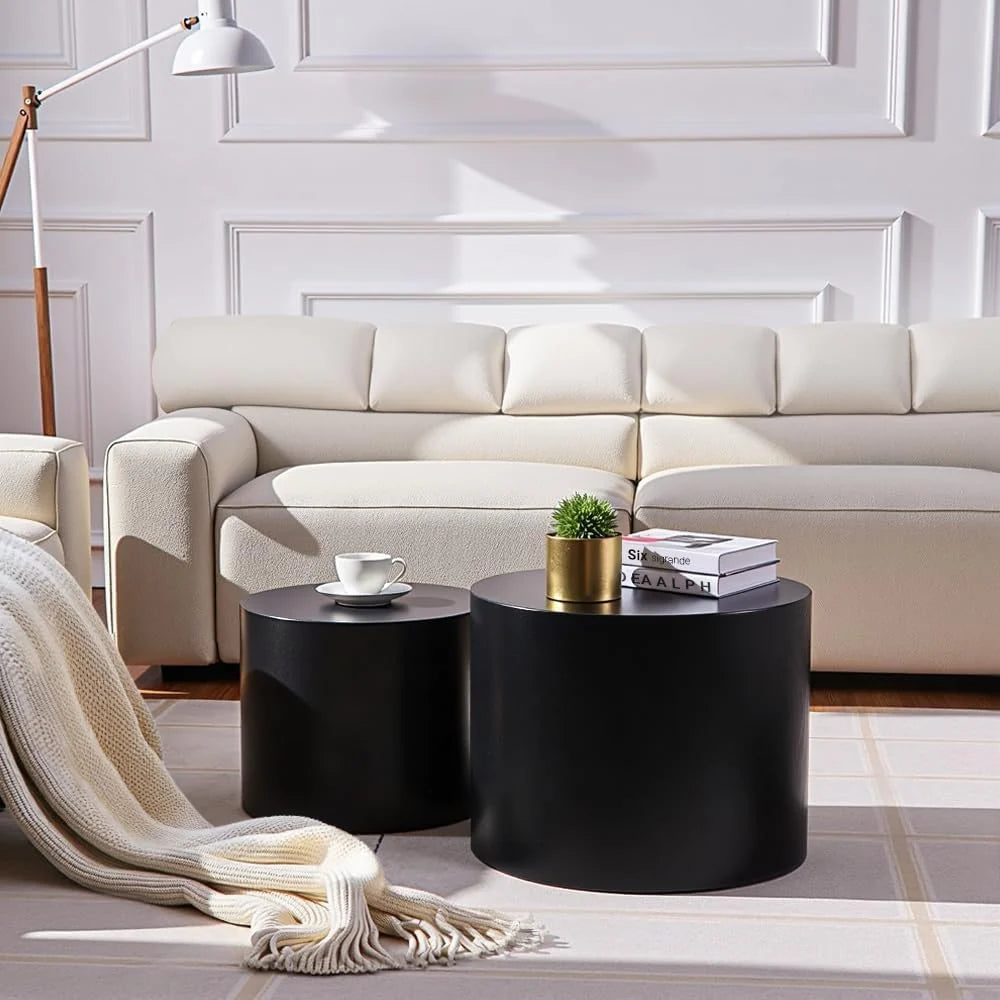 Nesting Coffee Table Set of 2, Modern Round Coffee Table with Non-Slip Feet, Walnut Wooden Circle Accent Tables for Small Spaces Living Room Bedroom Balcony Office Drum Side Table (Walnut)