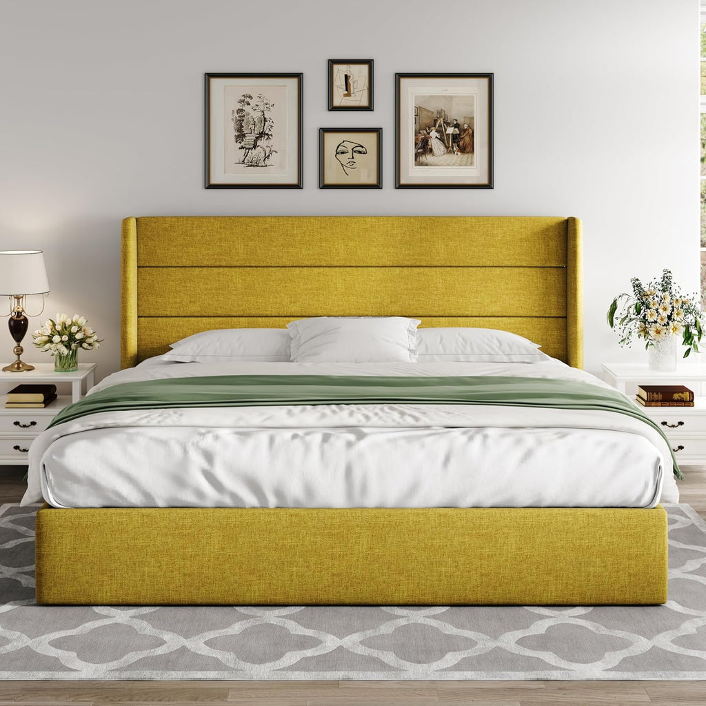 Allewie Queen Size Lift Up Storage Bed Modern Wingback Headboard Hydraulic Support