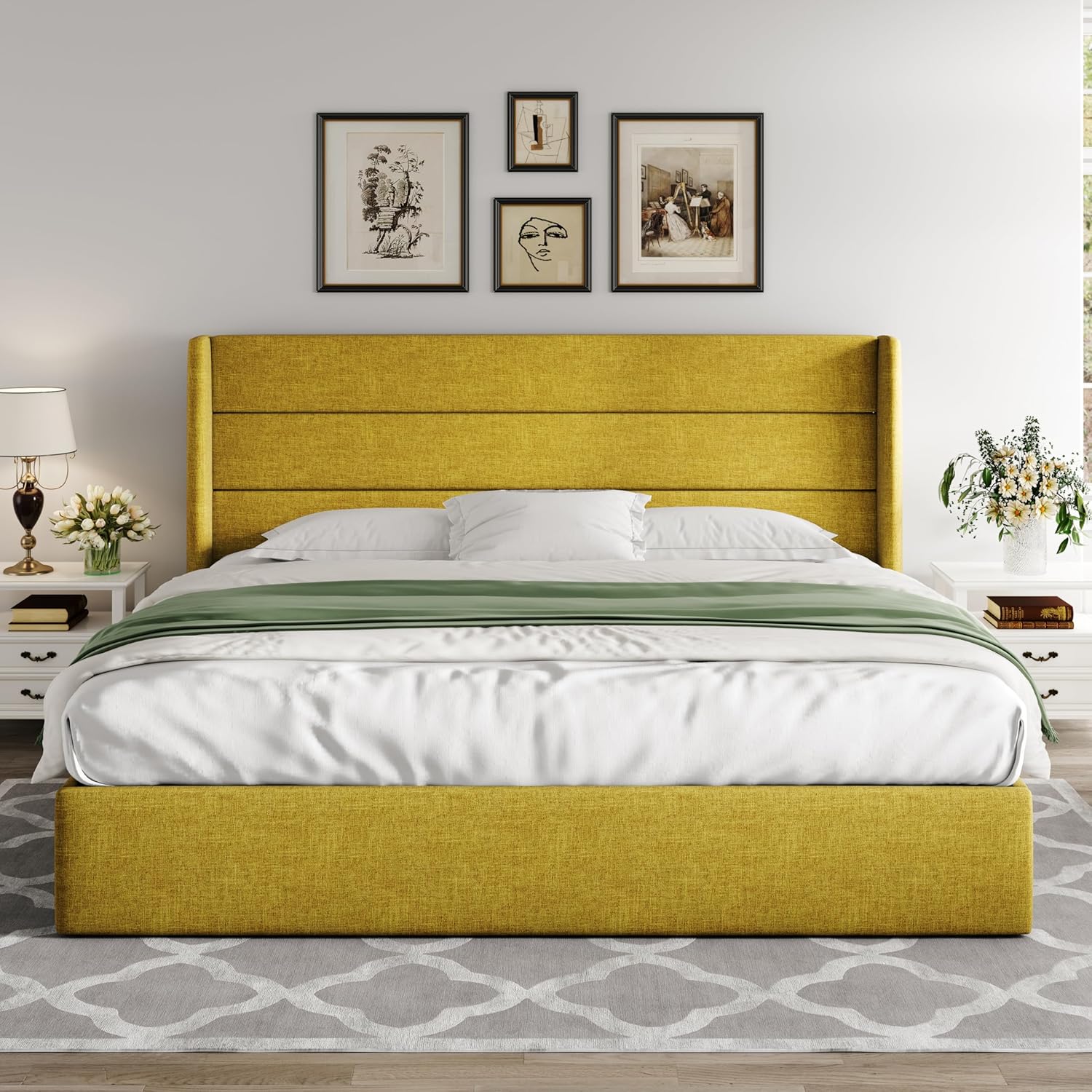 Allewie Queen Size Lift Up Storage Bed Modern Wingback Headboard Hydraulic Support