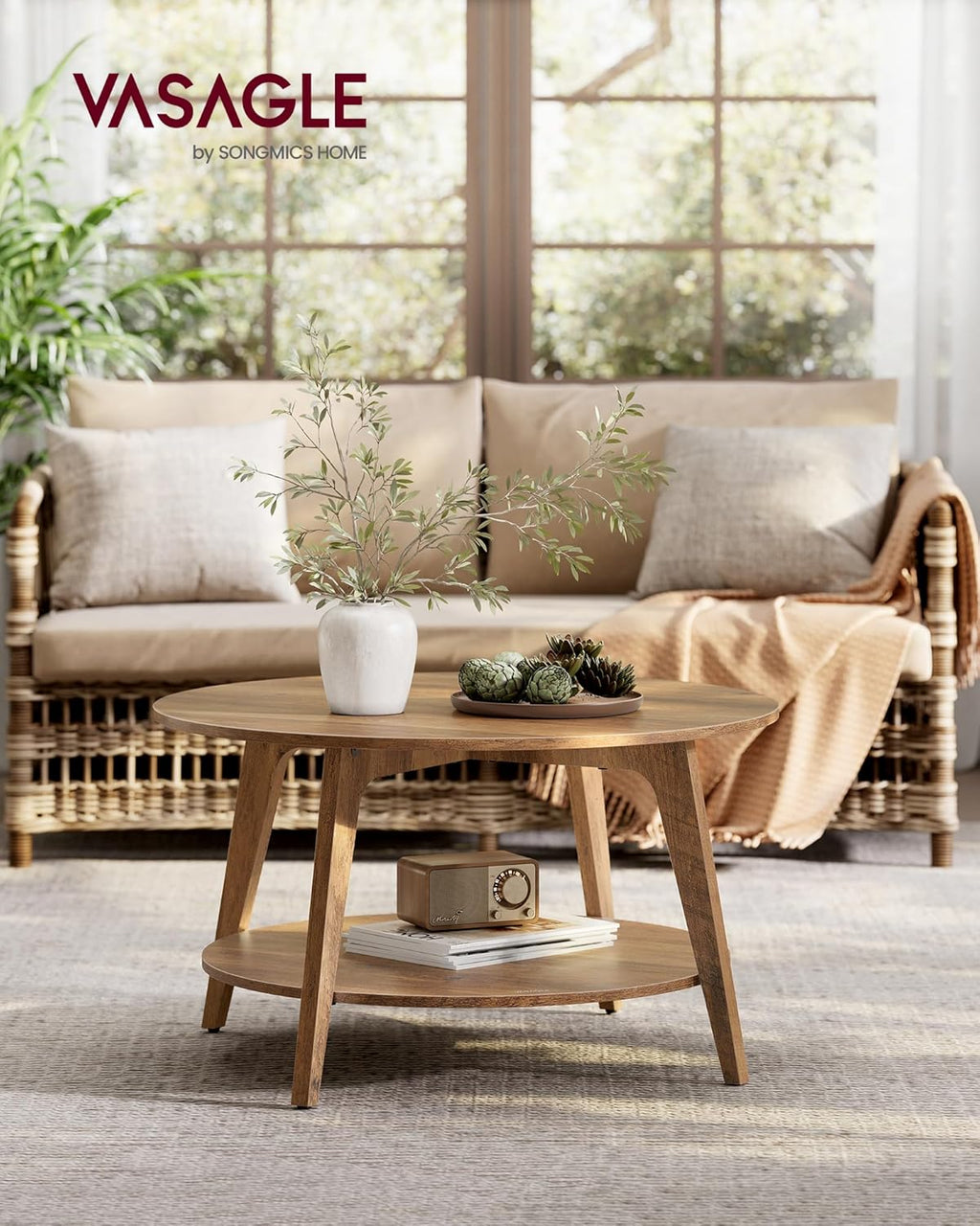 VASAGLE Round Coffee Table 2 Tier Coffee Table with Storage for Living Room 31.5 x 17.7 Inches