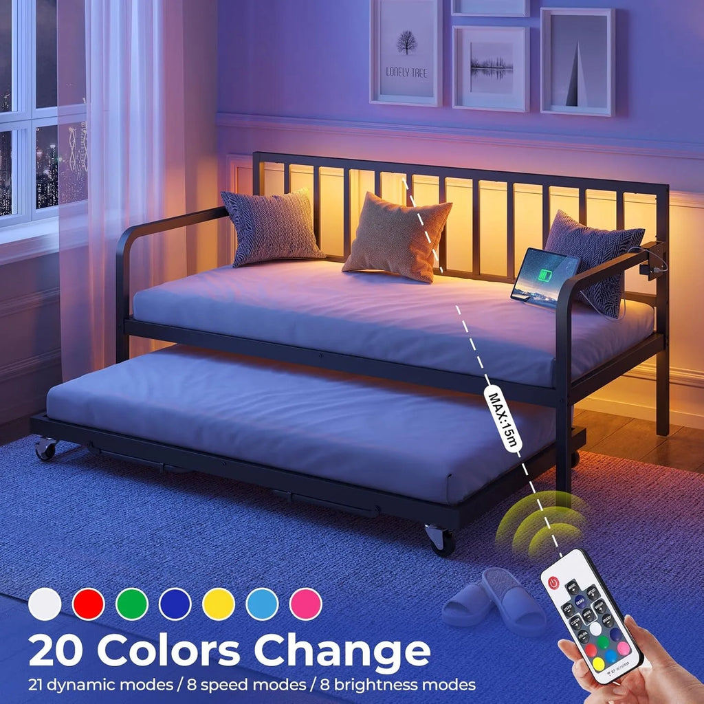 Rolanstar Daybed with Charging Station and LED Lights, Height Adjustable Twin Daybed with Trundle, Metal Sofa Bed Frame with Steel Slat Support