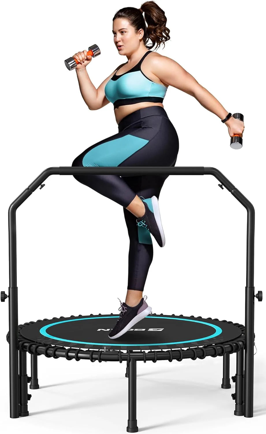 BCAN 450/550 LBS Foldable Mini Trampoline, 40/48 Fitness Trampoline with Bungees, U Shape Adjustable Foam Handle, Stable & Quiet Exercise Rebounder for Adults Indoor/Outdoor Workout