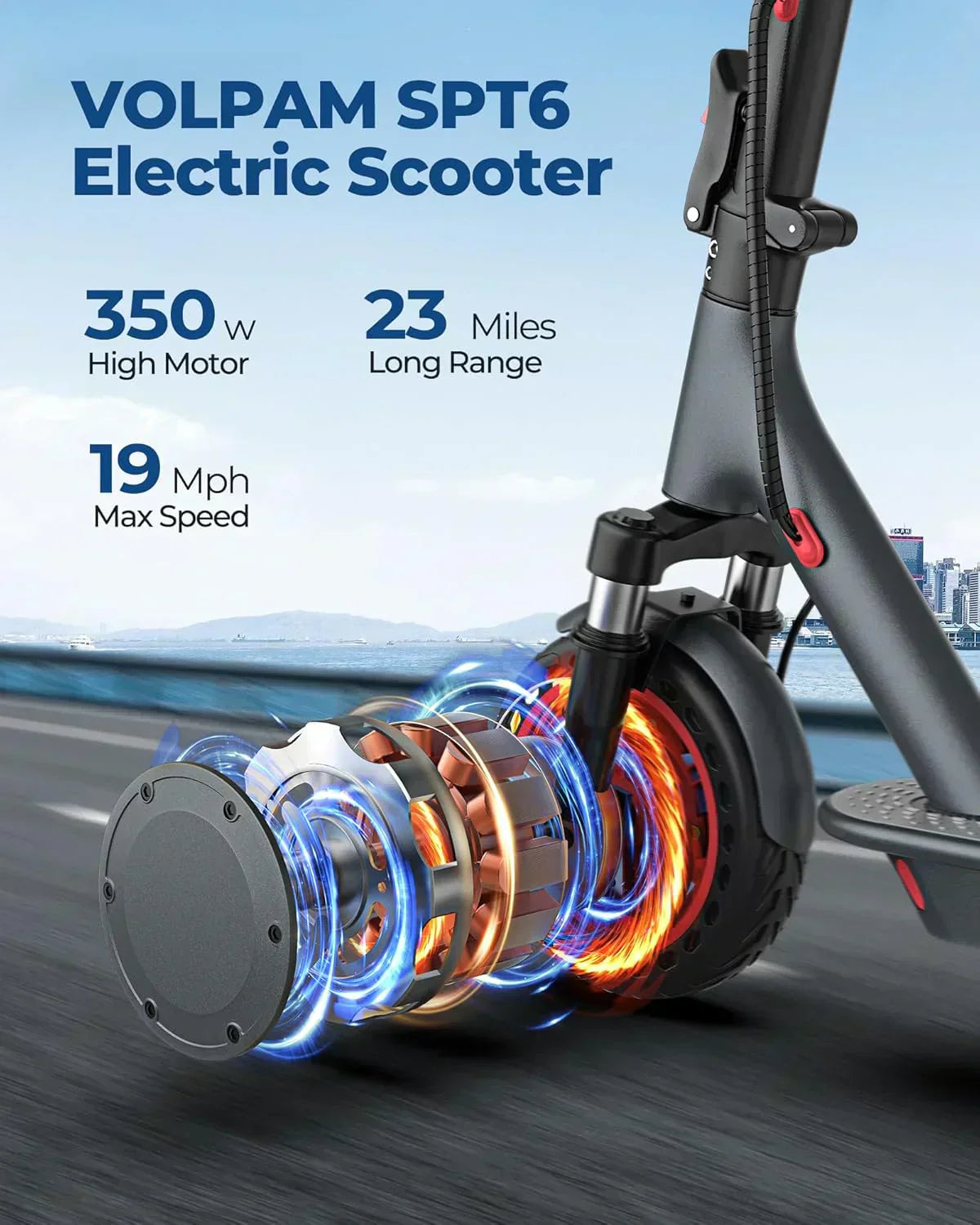 Volpam electric scooter Powerful electric motor Solid tires 28/21/12 mile range