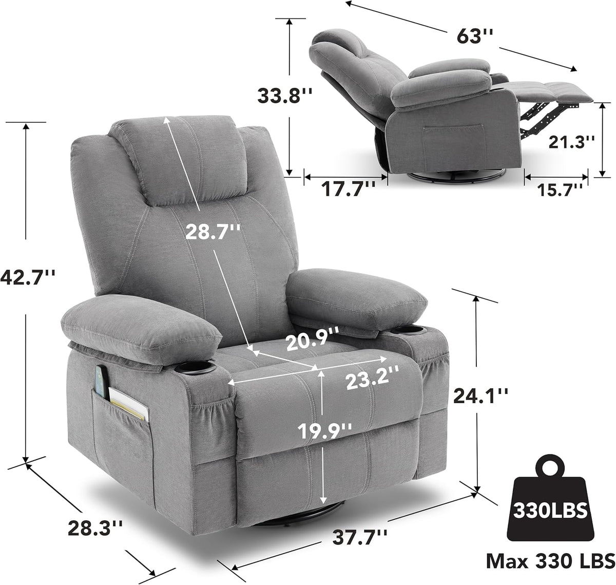 Large Swivel Rocking Recliner with Massage Function 360 Degree Swivel Rocking Single Sofa