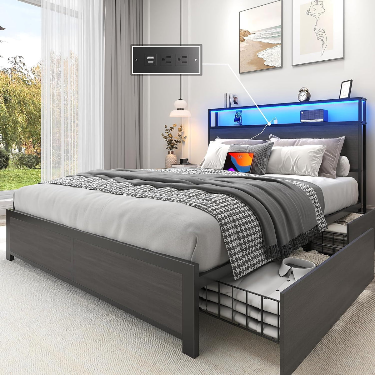 Lifezone Queen Bed Frame with 2-Tier Storage Headboard, Metal Platform Bed Frame with 4 Storage Drawers, Built in Charging Station & LED, Noise-Free/Metal Support/No Box Spring Needed