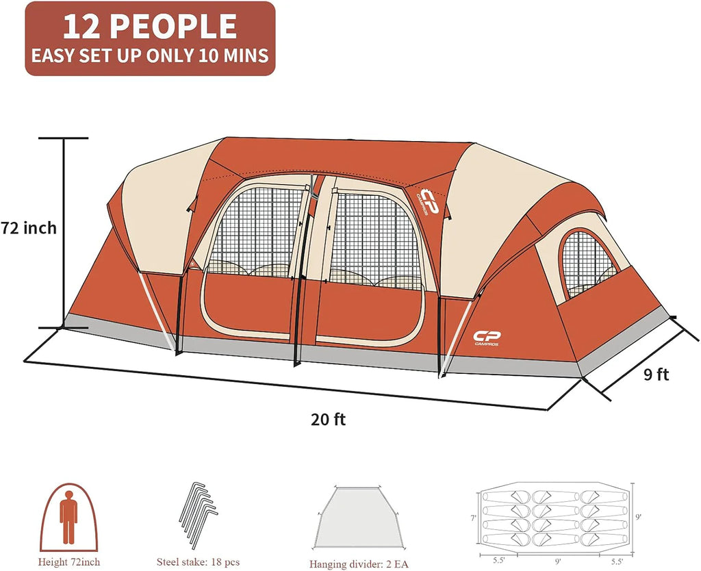 CAMPROS CP Tent 12-Person-Camping-Tents,3 Room Family Tents,Waterproof Windproof Family Tent with Top Rainfly,6 Large Mesh Windows,Double Layer,Easy Set Up, Portable with Carry Bag-20' x 9' x 72(H)