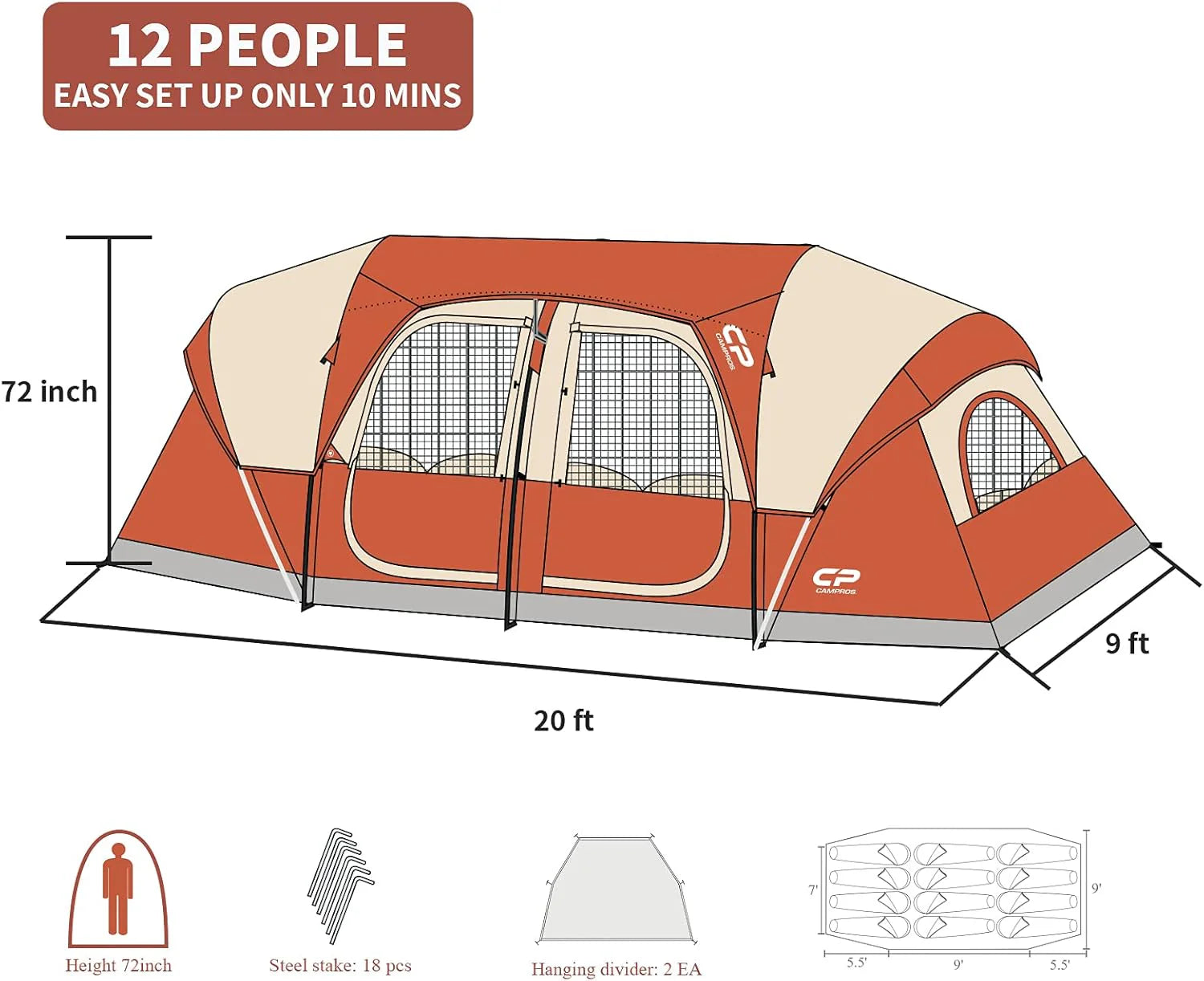 CAMPROS CP Tent 12-Person-Camping-Tents,3 Room Family Tents,Waterproof Windproof Family Tent with Top Rainfly,6 Large Mesh Windows,Double Layer,Easy Set Up, Portable with Carry Bag-20' x 9' x 72(H)