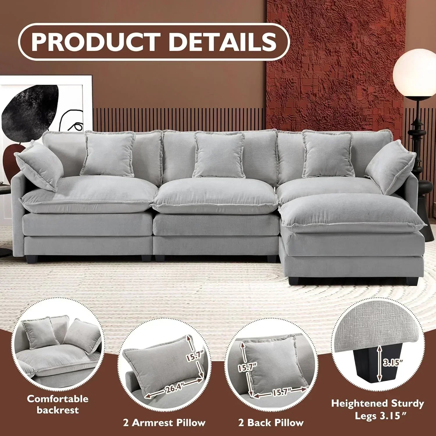 111.4 Inch L Shaped Modern Sofa Modular Cloud Sofa with Ottoman 4 Seater Chenille Deep Seat Sofa