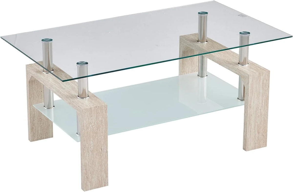 Living Room Rectangle Coffee Table, Tea Table Suitable for Waiting Room, Modern Side Coffee Table with Wooden Leg, Glass Tabletop