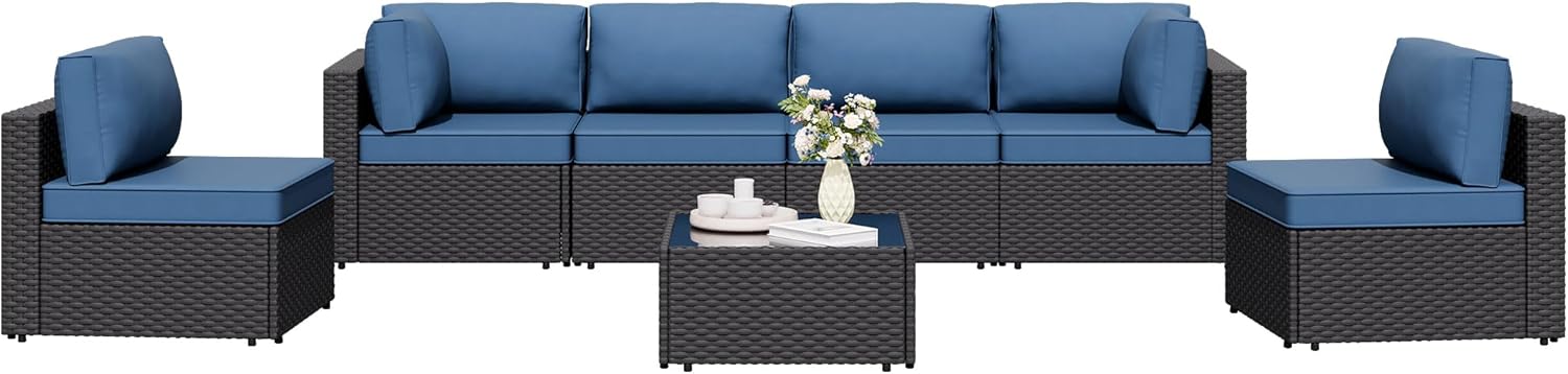 7 Pieces Outdoor Patio Sectional Sofa Couch, Wicker Furniture Patio Conversation Sets with Washable Cushions & Coffee Table for Garden, Poolside, Backyard