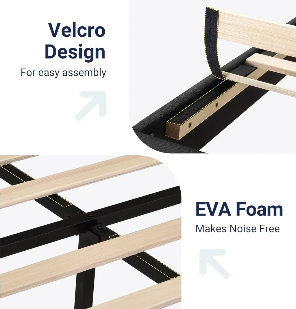 Allewie King size platform bed frame with velvet upholstered headboard and planks