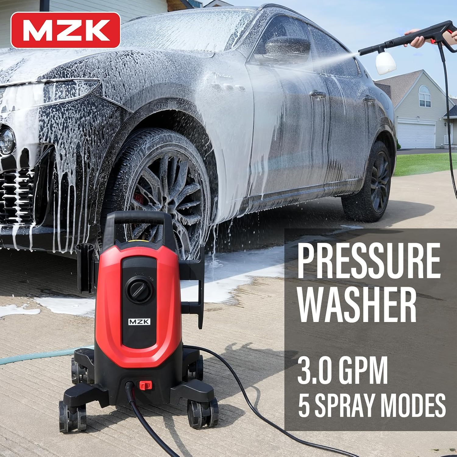 MZK electric high-pressure cleaner with 360�� quick-connect nozzle and easily replaceable foam cannon