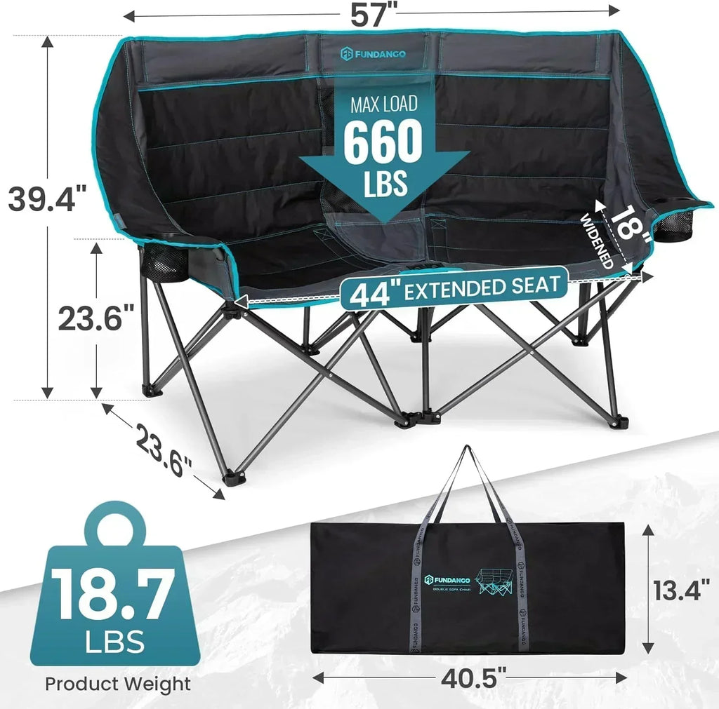 Double Camping Chair Cooler 3-Person Folding Extra Large Camping Chair 1000-Pound Capacity