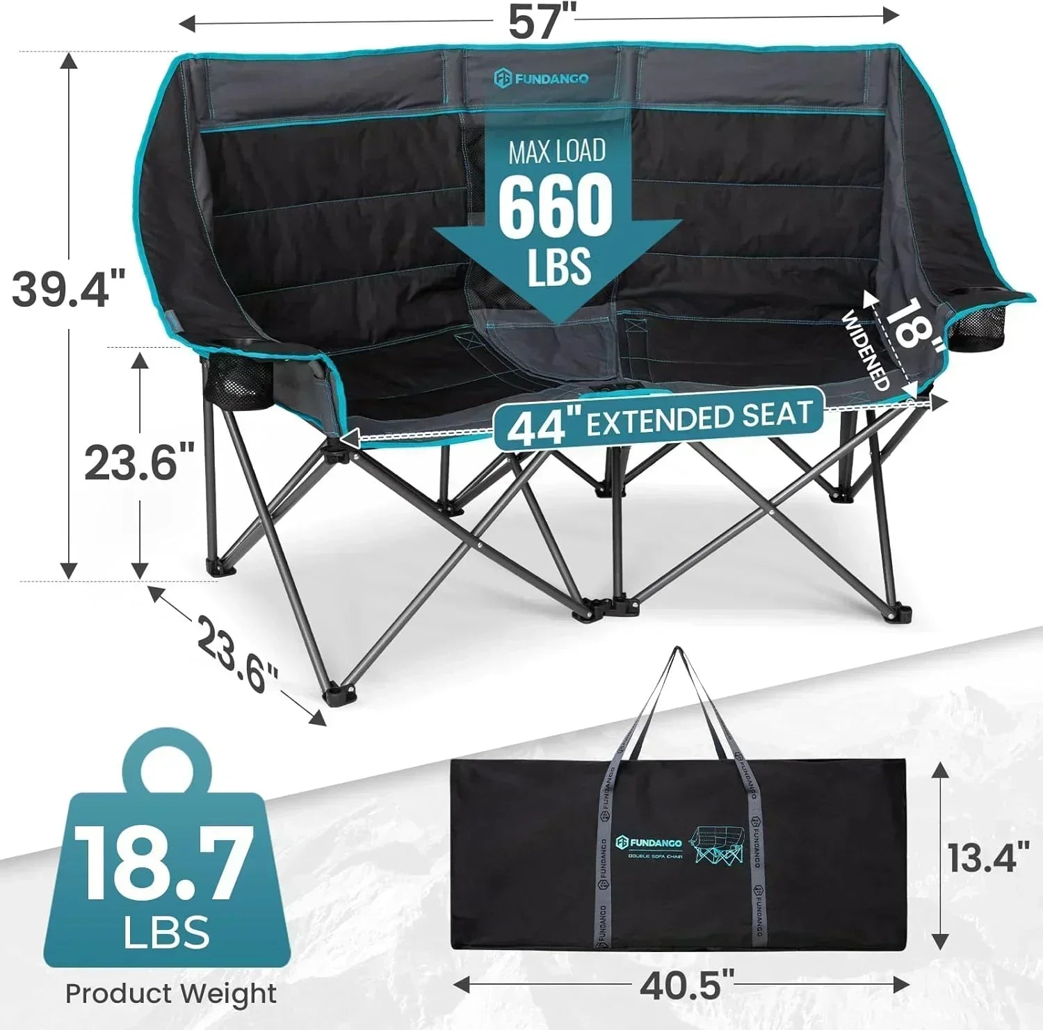 Double Camping Chair Cooler 3-Person Folding Extra Large Camping Chair 1000-Pound Capacity
