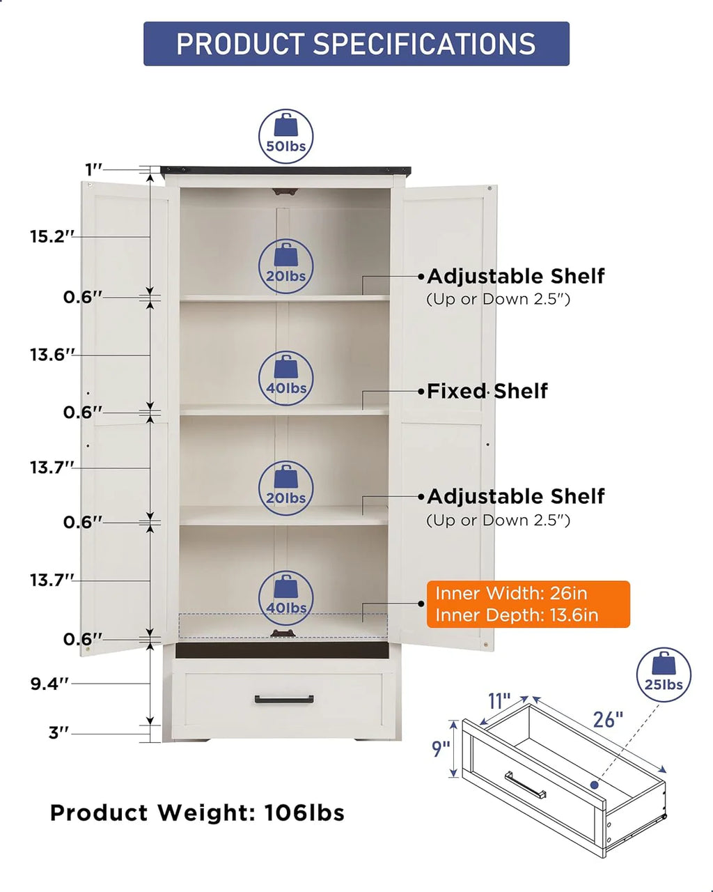 JXQTLINGMU Farmhouse Kitchen Pantry - 72 Tall Wood Kitchen Storage Cabinet with Adjustable Shelves and 2 Barn-Style Doors and Drawers