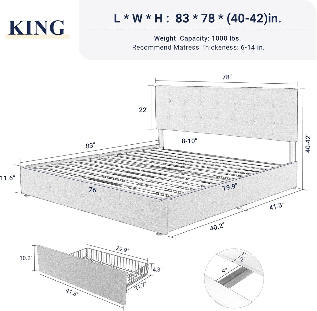 Allewie Upholstered Queen Size Platform Bed Frame with 4 Storage Drawers and Headboard