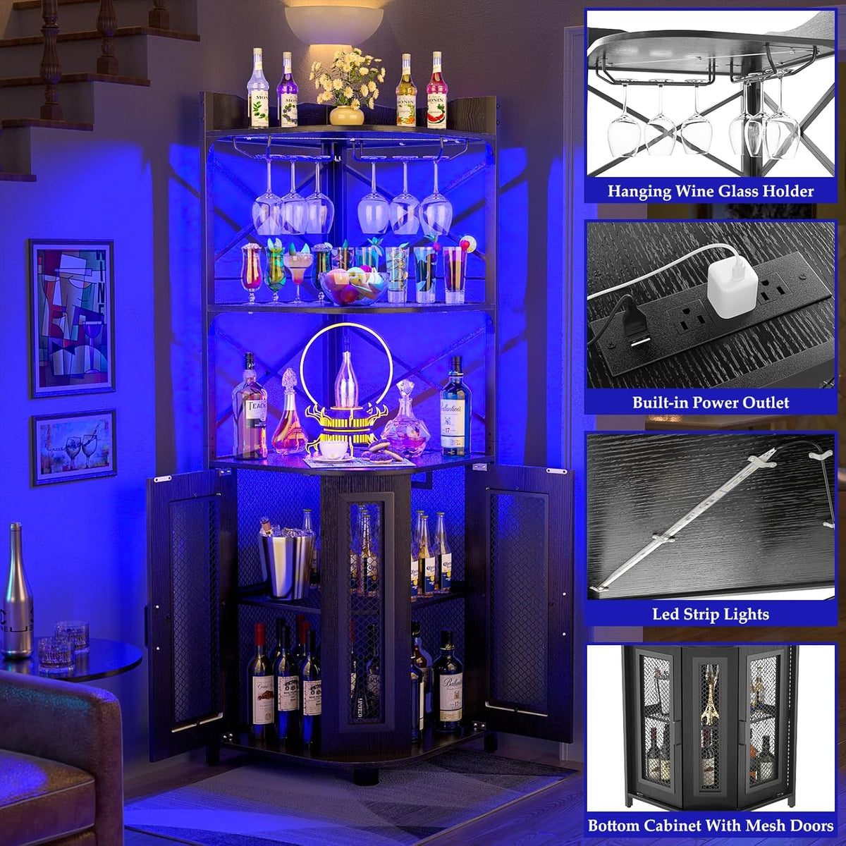 Aheaplus Corner Bar Cabinet with Power Outlet, Industrial Wine Cabinet with LED Strip and Glass Holder, 5-Tiers Liquor Cabinet Bar Unit for Home, Corner Display Cabinet for Small Space, White Oak
