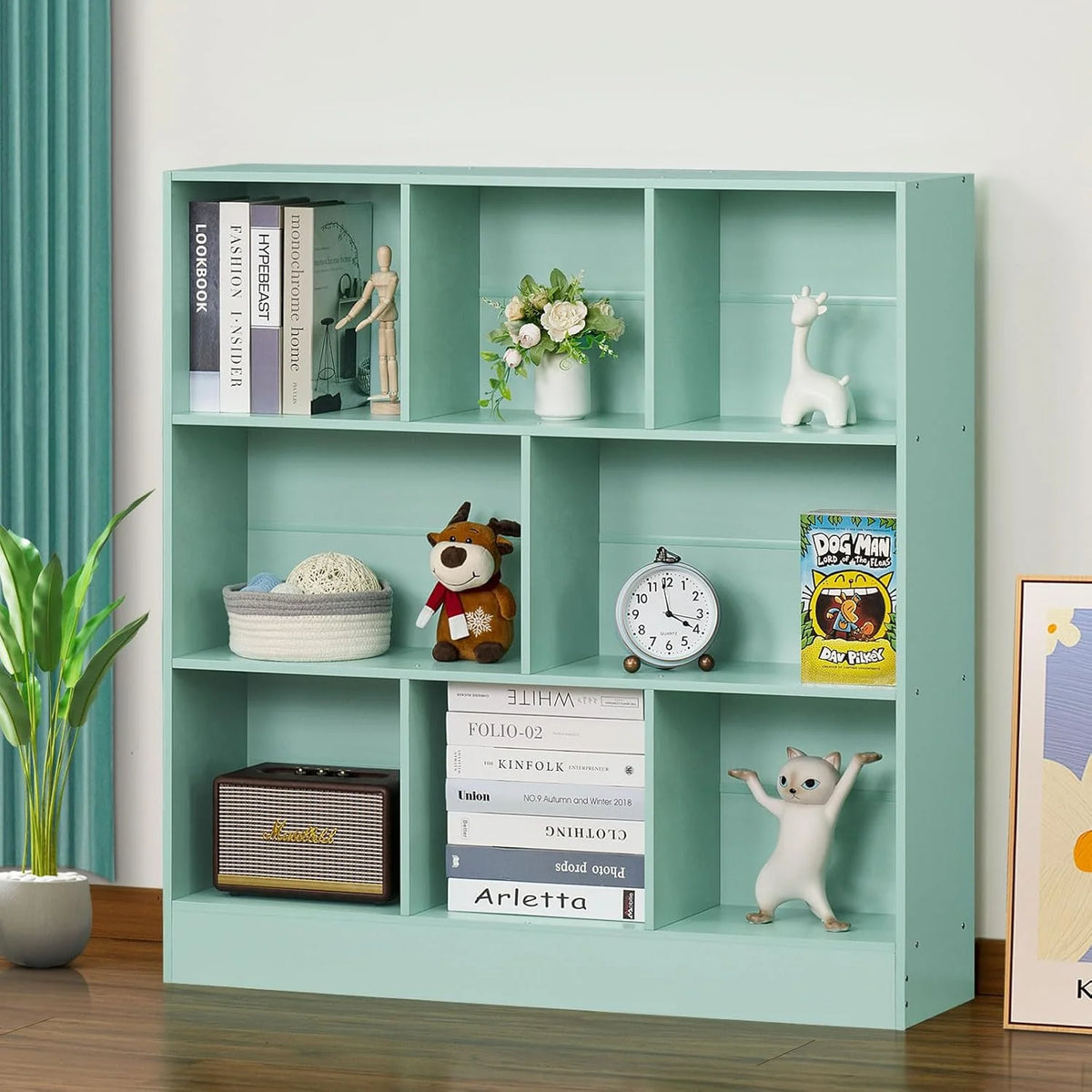 LEYAOYAO Wooden 7 Cube Book Shelf Natural Bookshelf Legs Modern Open Storage Organizer