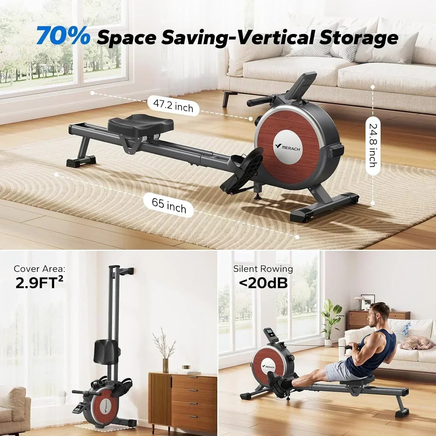 Merachi household rowing machine silent resistance dual-slide design