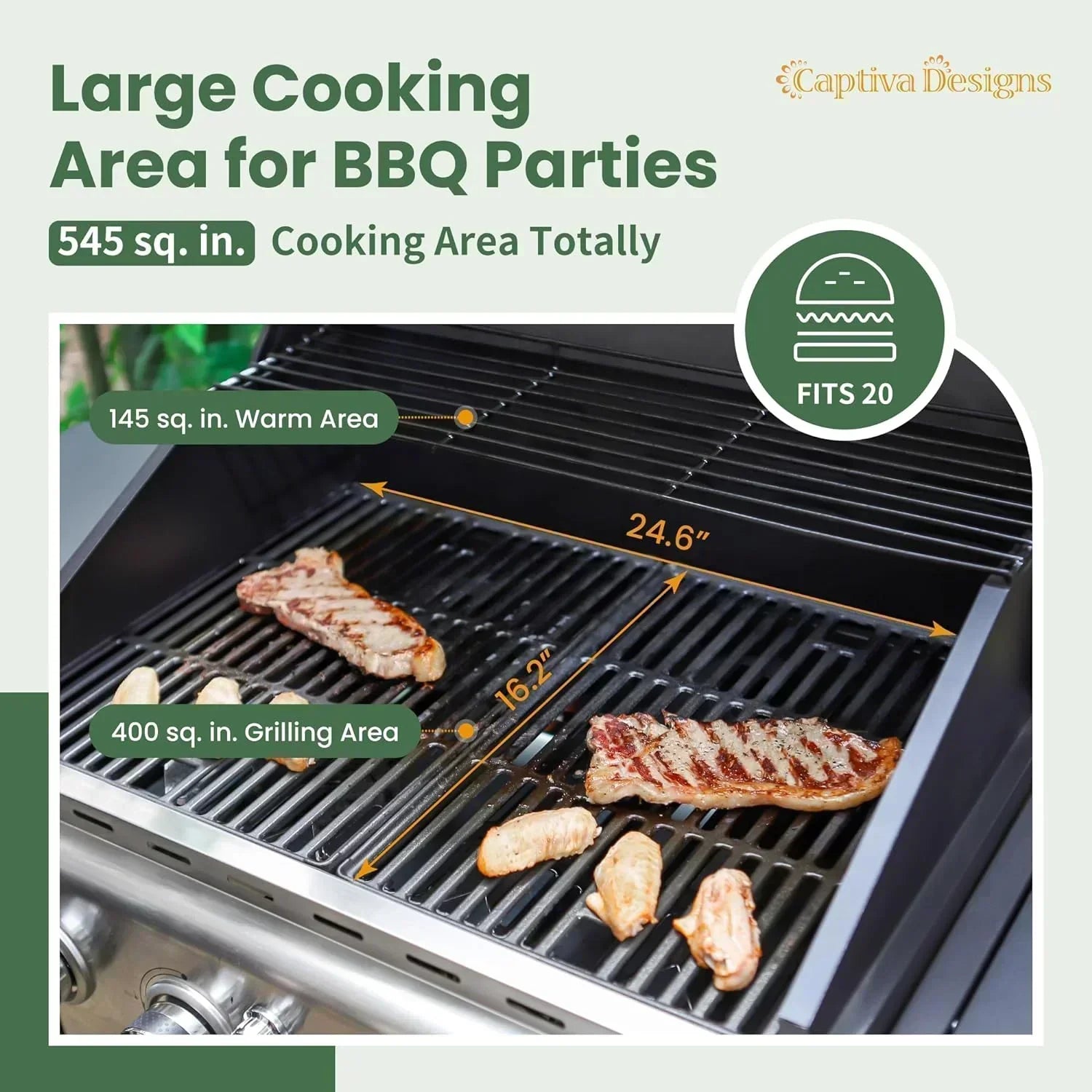 Captiva Designs 4-Burner Propane Gas BBQ Grill Side Burner Porcelain-Enameled Cast Iron Grates