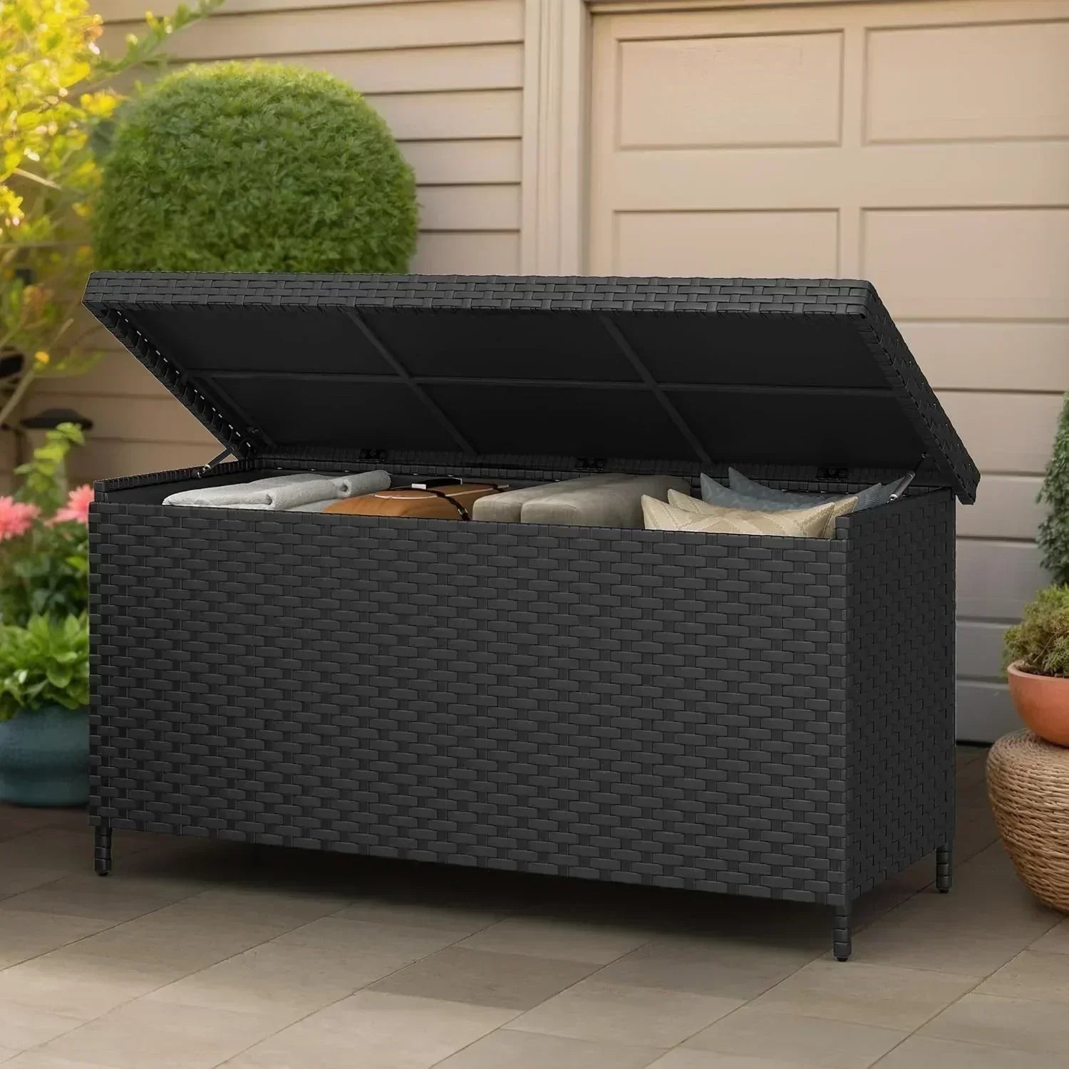 DWVO 70Gal Outdoor Storage Bench with Cushion Composite Wood Backrest Wicker Deck Bench