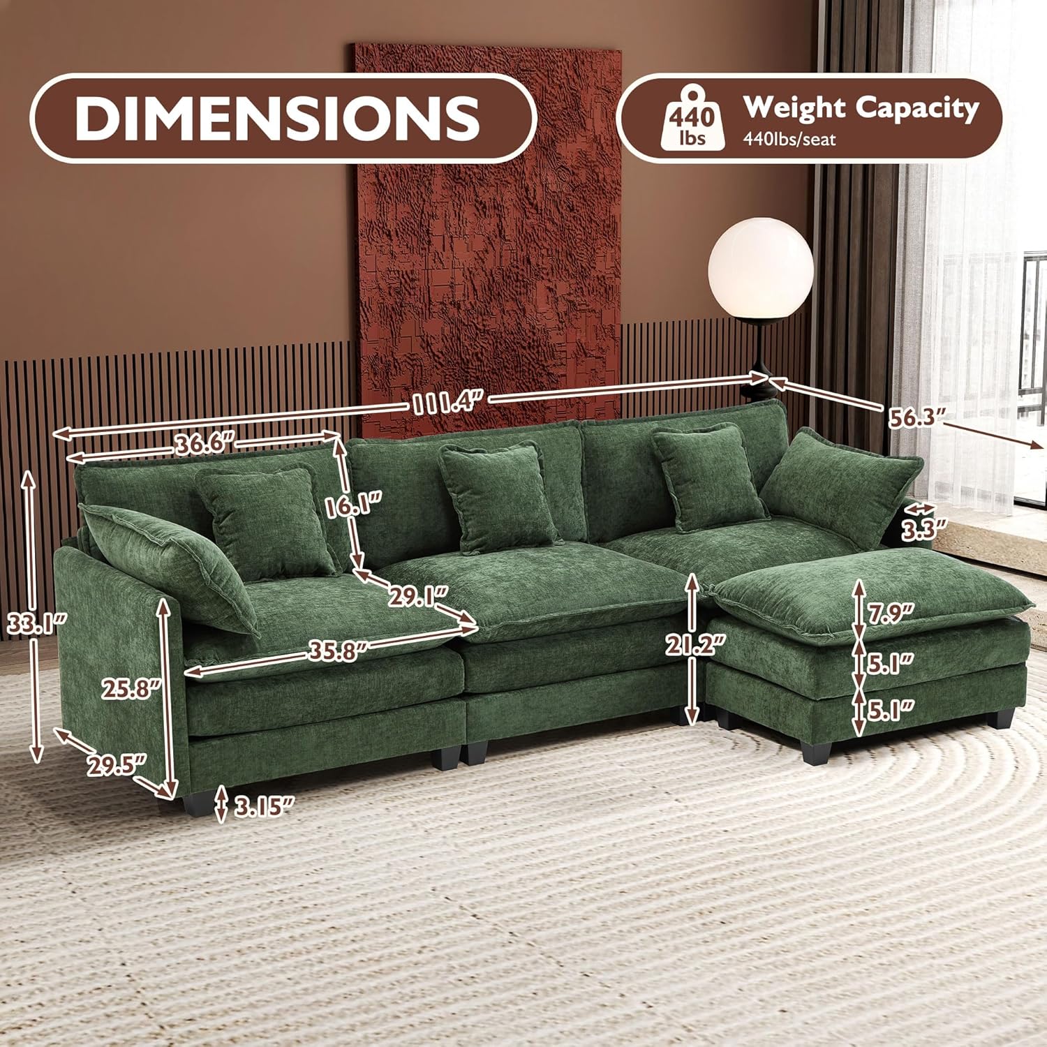 ihanherry 146-inch U-shaped modern sofa modular area cloud sofa